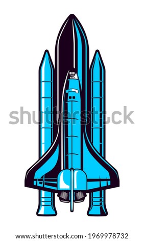 Space shuttle with rocket stage in vector isolated on a white background. Spaceship in retro futurism style.