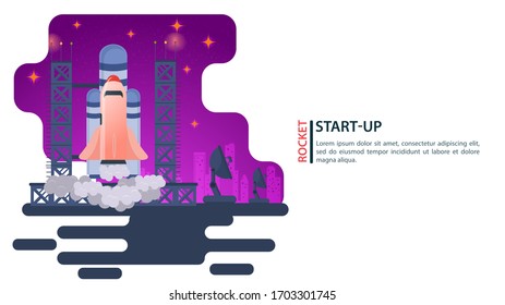 space Shuttle, rocket, takes off from the spaceport into space, against the background of the night city, design concept, satellite dish, flat vector illustration