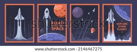 Space shuttle and rockets posters. Rocket launch, explore other planet and road to space vector illustration set. Launch spaceship and rocket