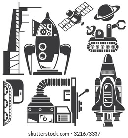 space shuttle, satellite, space robot and futuristic machine
