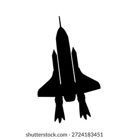 Silhueta de ônibus espacial com impulsionadores em estilo plano preto para lançamento de foguetes e temas de missão espacial, perfeito para visuais de ciência, conteúdo educacional, cartazes e ilustrações aeroespaciais.