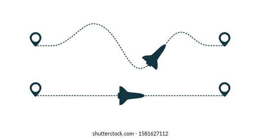 Space shuttle silhouette icon with dotted line path. Spaceship flight with dotted path. Geo tag at the start. Airplane trip concept. Flat vector illustration