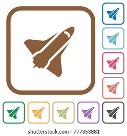 Space shuttle simple icons in color rounded square frames on white background