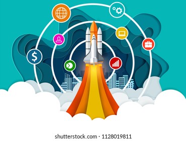 space shuttle to the sky. start up business concept. financial idea are competition for success and corporate goal. creative. icon infographic.  vector illustration paper art