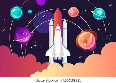 Space shuttle and solar system. Colorful planets, rocket, galaxy and universe. Space cartoon childrens poster. Vector modern illustration. Template for landing page, banner, poster. EPS10