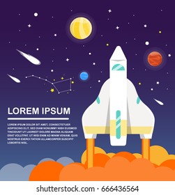 Space shuttle and solar system Infographics Flat design. Vector illustration