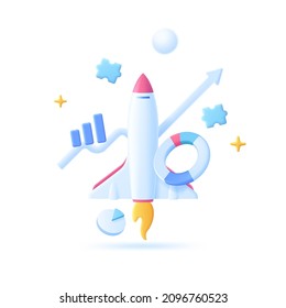 Space shuttle or spacecraft, ascending graph and pie chart. Concept of startup project progress, business development, business growth, profit increase. Modern vector illustration for poster, banner.