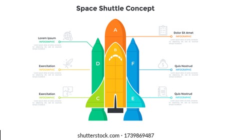 Space Shuttle Or Spaceship Diagram Divided Into 6 Colorful Parts. Concept Of Six Features Of Startup Launch. Simple Infographic Design Template. Modern Flat Vector Illustration For Presentation.