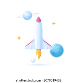 Space Shuttle oder Raumschiff fliegen zwischen Planeten. Konzept der Universum-Erforschung, interstellare Reise oder Reise, Hightech-Projektstart, Fortschritt und Entwicklung. Moderne Vektorgrafik für Poster.