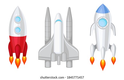 Space Shuttle and Spaceship Isolated on White Background Vector Set