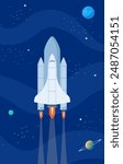 Space shuttle. Spaceship in outer space. Cosmos discovery. Space exploration concept. Vector