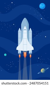 Space shuttle. Spaceship in outer space. Cosmos discovery. Space exploration concept. Vector