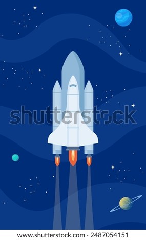 Space shuttle. Spaceship in outer space. Cosmos discovery. Space exploration concept. Vector