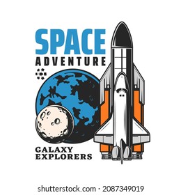 Space shuttle and spaceship vector icon of space adventure and galaxy exploration. Isolated Earth and Moon universe planets with carrier rocket and satellite, astronomy science emblem or symbol design