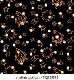 Space, shuttle, star, planet, meteorite, moon, unidentified flying object, pattern. Background texture. White stars on a black background.