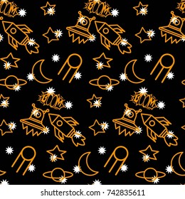 Space, shuttle, star, planet, meteorite, moon, unidentified flying object, pattern. Background texture. White stars on a black background.