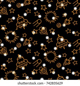 Space, shuttle, star, planet, meteorite, moon, unidentified flying object, pattern. Background texture. White stars on a black background.