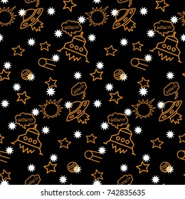 Space, shuttle, star, planet, meteorite, moon, unidentified flying object, pattern. Background texture. White stars on a black background.