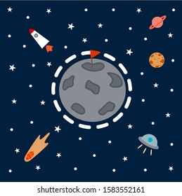 Space shuttle with stars and flags embroidered on planet,blue tone  space background