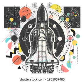 Space shuttle. Symbol of flight to new galaxies. Zine culture concept. Hand drawn vector glitch tattoo, contemporary  cyberpunk collage. Vaporwave art. Surreal pop culture style 