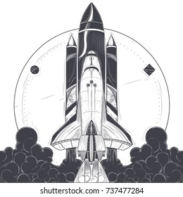 Space Shuttle Take-off With Fire And Smoke Exhaust From Engines Engraved Vector Illustration On White Background. Modern Spacecraft Launch, Reusable Spaceship With Carrier Rocket Start Print Or Tattoo