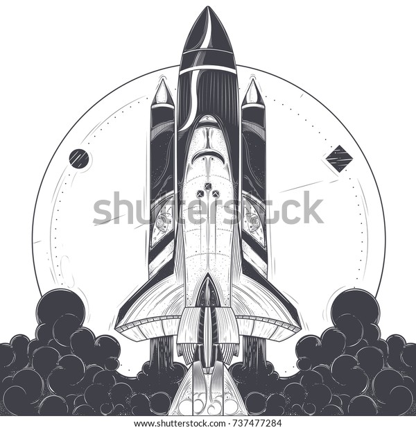 白い背景にスペースシャトルが エンジンの燃え尽きた火と煙の排出物で離陸します 最新の宇宙船打ち上げ 再利用可能な宇宙船とキャリアロケットの発射開始やタトゥー のベクター画像素材 ロイヤリティフリー