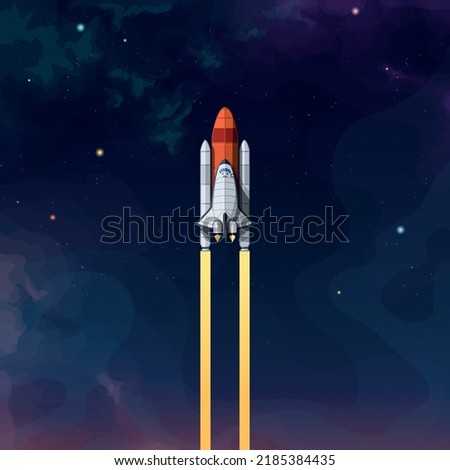 space shuttle takeoff on dark colorful sky