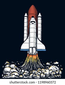 space shuttle takes off. astronomical astronaut exploration. engraved hand drawn in old sketch, vintage style for label, startup business or T-shirt. flying ship. rocket launching to the sky.