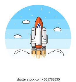 Space shuttle takes off on the white background. Human mission to Mars. For web design and application interface, also useful for infographics. Space shuttle thin line icon. Vector Illustration.
