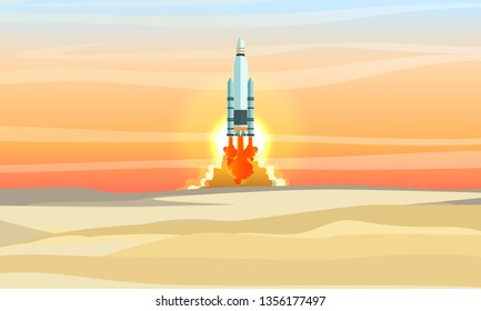 The space shuttle takes off over the desert. Space rocket launch. Landfill in the desert. Space travel. The study and exploration of space. Realistic Vector Landscape