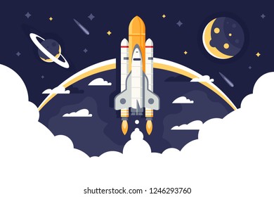 Space shuttle takes off, rocket from earth into space and flights among stars. Concept aircraft for science, expeditions and tourism. Vector illustration.