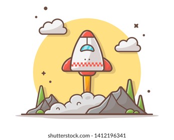 Space Shuttle Taking Off with Clouds, Mountain and Tree Space Vector Illustration. Flat Cartoon Style Suitable for Web Landing Page,  Banner, Flyer, Sticker, Wallpaper, Card, Background