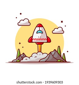 Space Shuttle Taking Off with Clouds, Mountain and Tree Space Cartoon Vector Icon Illustration. Science Technology Icon Concept Isolated Premium Vector. Flat Cartoon Style