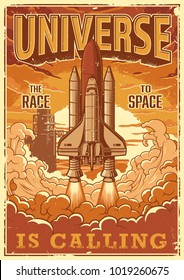 Space Shuttle Taking Off On A Mission. Vector Vintage Poster.