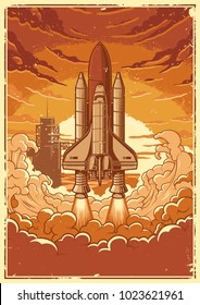 Space Shuttle Taking Off On A Mission. Vector Vintage Poster.
