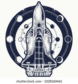 Space shuttle taking off on mission t-shirt design. Symbol of flight to new galaxies 