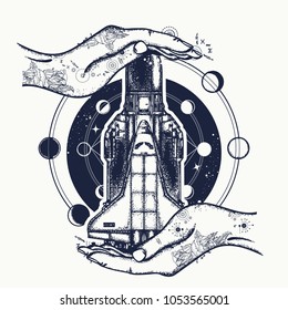 Space shuttle taking off on mission tattoo and t-shirt design. Symbol of universe research, flight to new galaxies 