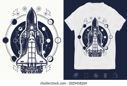 Space shuttle taking off on mission. Tattoo and t-shirt design. Flight to new galaxies. Creative print for clothes. Template for posters, textiles, apparels