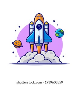 Space Shuttle Taking Off with Planet and Earth Space Cartoon Vector Icon Illustration. Science Technology Icon Concept Isolated Premium Vector. Flat Cartoon Style