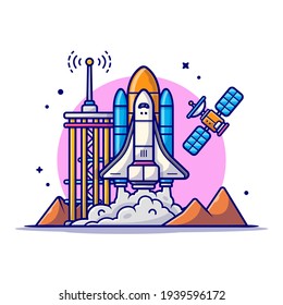 Space Shuttle Taking Off with Tower, Satellite and Mountain Cartoon Vector Icon Illustration. Science Technology Icon Concept Isolated Premium Vector. Flat Cartoon Style