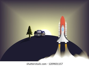 Space Shuttle to Space Target To find a challenge And success,with sunrise background,vector art and illustration.