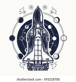 Space shuttle tattoo art. Symbol of flight to new galaxies. Space shuttle taking off on mission t-shirt design 