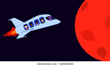 Space shuttle with tourists on board flies to Mars, vector illustration, flat style
