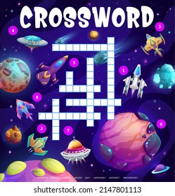 Space shuttle, ufo, spaceship and spacecraft in galaxy crossword grid, find a word quiz game. Cartoon vector worksheet with space shuttle, rocket, planets, starship and starcraft search puzzle