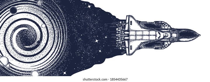 Space shuttle in universe. Symbol of flight to new galaxies. Black and white surreal graphic. 