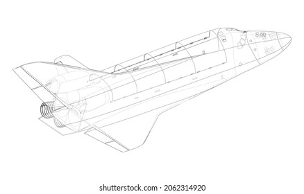 Space shuttle. Vector rendering of 3d. Wire-frame style. The layers of visible and invisible lines are separated
