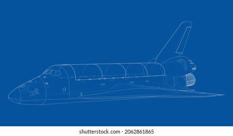 Space shuttle. Vector rendering of 3d. Wire-frame style. The layers of visible and invisible lines are separated