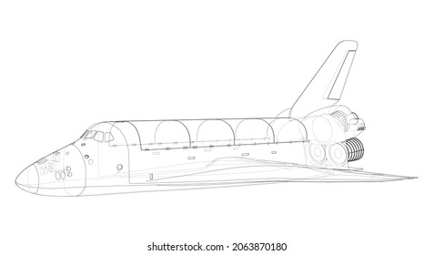 Space shuttle. Vector rendering of 3d. Wire-frame style. The layers of visible and invisible lines are separated