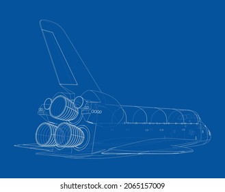 Space shuttle. Vector rendering of 3d. Wire-frame style. The layers of visible and invisible lines are separated