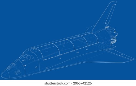 Transporte espacial. Representación vectorial de 3d. Estilo de marco de cables. Las capas de líneas visibles e invisibles están separadas